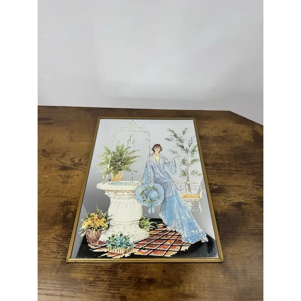 Vintage Reverse Painted Mirrored Glass 1970s Art Deco Boho Woman In Blue Plants